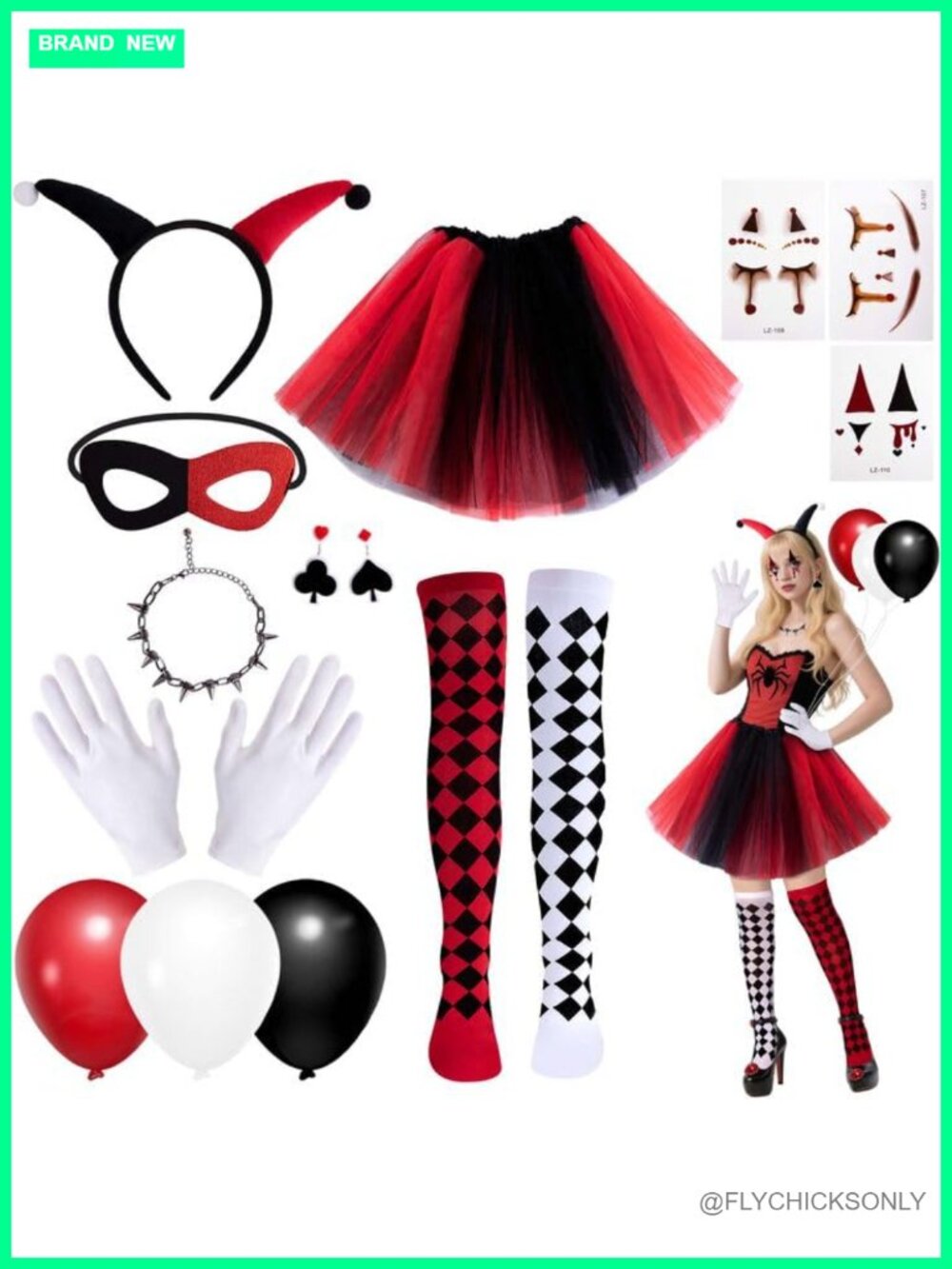 13-Piece Halloween Clown Costume Set for Women - Tutu Skirt, Mask, Gloves & More
